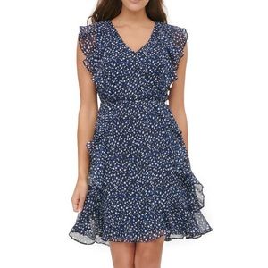 Tommy Hilfiger- Leaf Print Ruffle Chiffon sleeveless dress